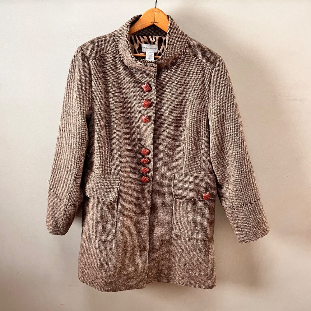 Soft Surroundings Brown Wool Blend Tweed Coat Animal Print Lining PM 36224